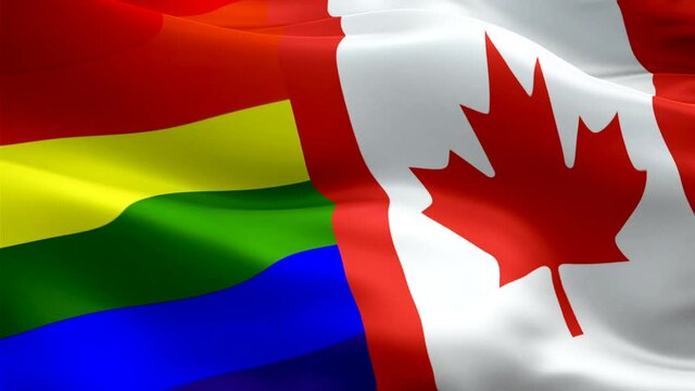 Canada Gay flag and lesbian pride flag LGBT video Isolated waving in wind. Gay Vancouver Toronto colorful Rainbow Gay Flag LGBT background. Vancouver love Rainbow Flag Closeup HD 1920X1080 footage
