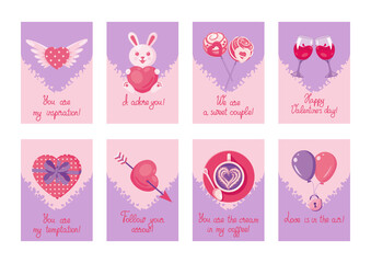 A set of postcards for Valentine's day with various elements and original hand-made signatures. Vector illustration, postcard, tag, label, gift