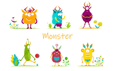 Set of cartoon monsters. Halloween monster set collection. Vector illustration