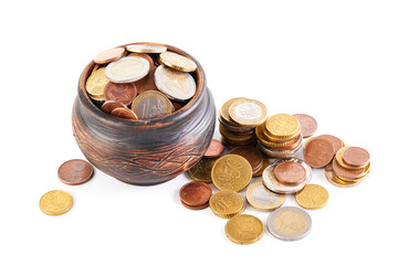 Euro coins money. Euro coins: 2, 1 euro, 50, 20, 10, 1 cents in the glay pot and in the table isolated on white background macro closeup. Money concept. 