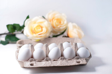 Egg tray with eggs. Fresh food from the store. Preparing for Easter. The photo