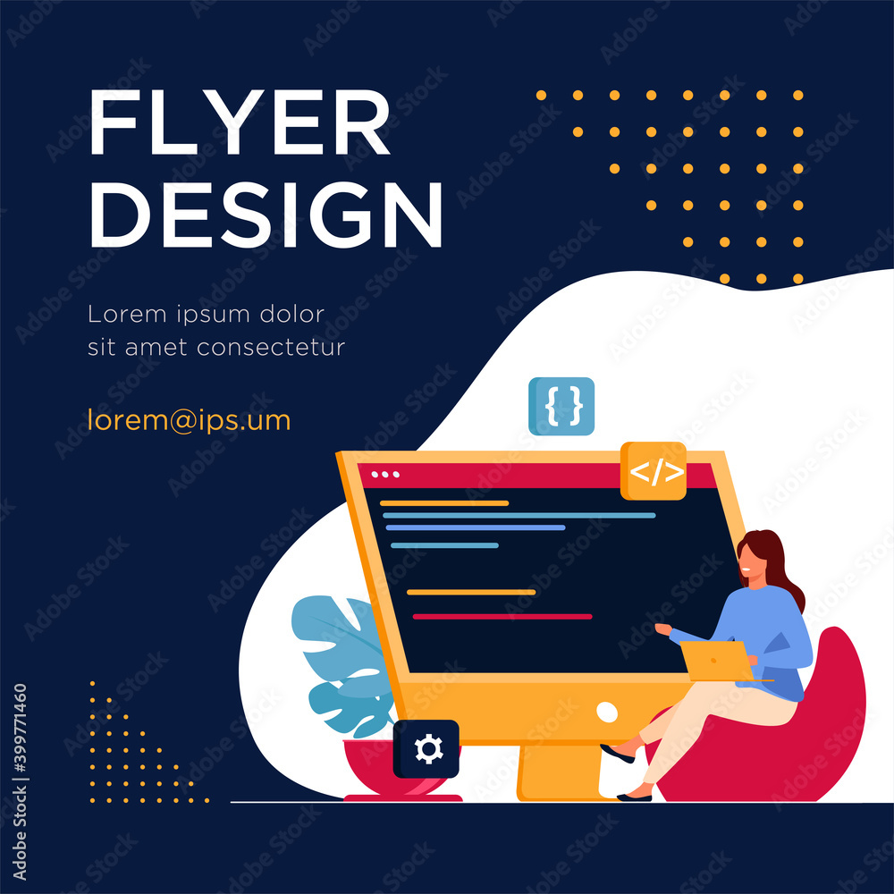 Poster young tiny girl sitting and coding via laptop. computer, programmer, code flat vector illustration. 