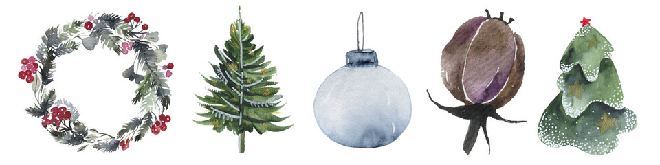 Watercolor Merry Christmas objects set. Hand drawn vintage elements: xmas tree, cartoon deer