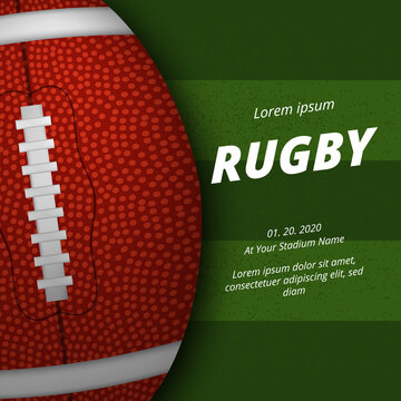rugby or american football sport league competition poster announcement with realistic 3d oval ball top view on the green field