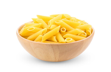 macaroni in wood bowl on white background