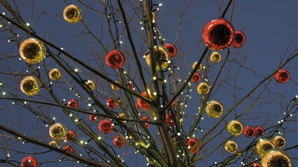 Christmas balls on a tree in the city.