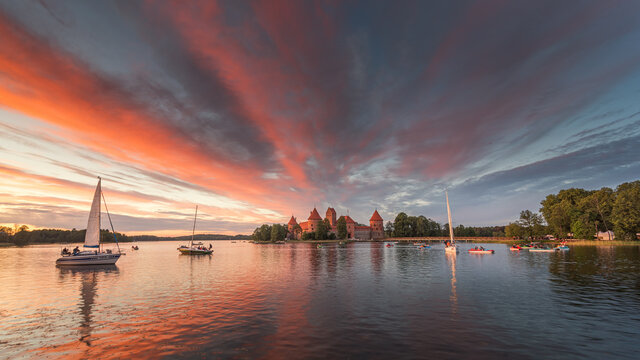Trakai Island Castle at sunset in Lithuania.