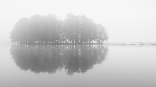 Fogy autumn lake Tytuvenai in Lithuania.