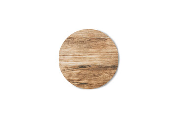 Empty round wooden cutting board isolated on white background with clipping path for work or design