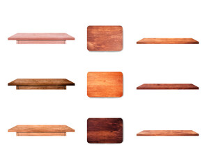 Group of table board and shelf isolated on white background with clipping path for work or design