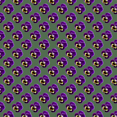 Seamless minimalistic pansy pattern on green background. Photo collage. Pop Art. Postcard. Printing on fabric. Wrapping.
