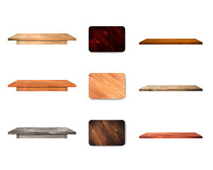 Group of table board and shelf isolated on white background with clipping path for work or design