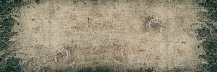 Panoramic interior background with texture of old painted concrete wall with peeling plaster.