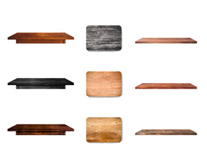 wooden various of table board and shelf isolated on white background with clipping path