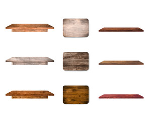 wooden various of table board and shelf isolated on white background with clipping path