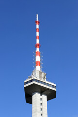 Telecommunication tower with antennas. Vitosha Mountain TV Tower, known as Kopitoto tower above Sofia, Bulgaria.