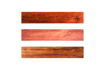 closeup view of three horizontal wooden plank isolated on white background with clipping path for design or work