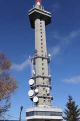 Telecommunication tower with antennas. Vitosha Mountain TV Tower, known as Kopitoto tower above Sofia, Bulgaria.
