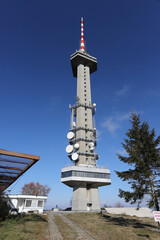 Telecommunication tower with antennas. Vitosha Mountain TV Tower, known as Kopitoto tower above Sofia, Bulgaria.