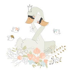 Cute cartoon couple of swans hugging on flowers
