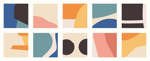 Trendy social media set of ten abstract backgrounds with abstract organic shapes composition in contemporary collage minimal style.