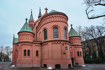 Obraz premium A historic, neo-Gothic Catholic church in the city of Poznań