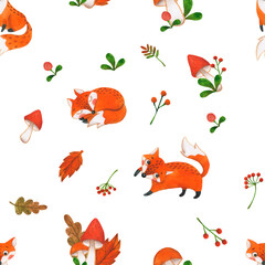 Watercolor seamless pattern with chanterelles. Fox, leaves, mushrooms background.