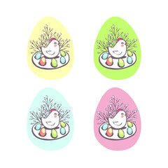 Easter egg stand with chicken and willow branches on a yellow, green, blue and pink background. Vector illustration.