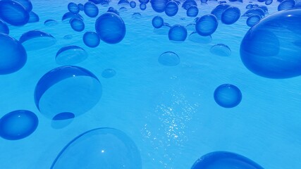 Abstract background of blue bubbles in water 3d render