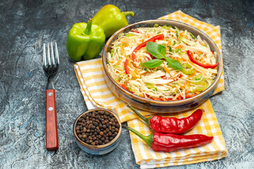 front view vegetable salad inside tray with peppers on light-grey background diet food meal health color
