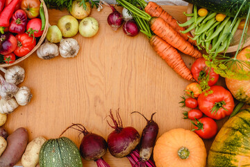 Harvest vegetables on the ground. Potatoes, carrots, beets, peppers, tomatoes, cucumbers, beans, pumpkin, onions and garlic. Autumn harvest farmers