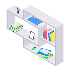 Books and chancellery on gray wooden bookshelf in isometric vector.