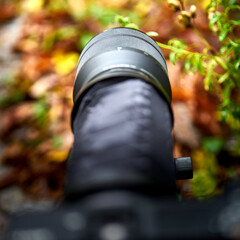 Bellows unit on adjustment slide with zoom lens, Direction of view to front, selective focus on...