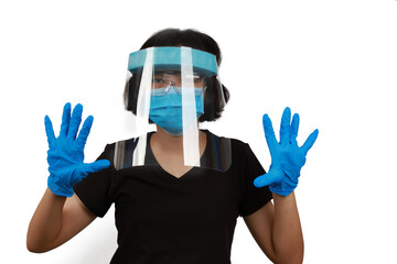 Portrait girl wearing faceshield and facemask or hygienic mask to prevent virus or baceria , Coronavirus protection