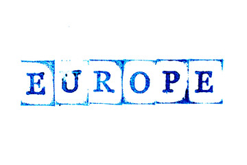 Blue color ink of rubber stamp in word europe on white paper background