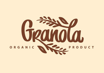 Fototapeta premium Granola organic product logo vector template. Lettering composition and spikelets. Handwritten calligraphy. Healthy food logotype for package, label.
