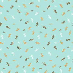 vector seamless pattern with delicate small sprigs of plants on a turquoise background