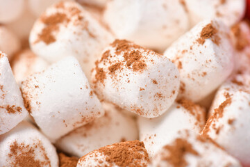 sweet food top view background for merry christmas or new year holiday decoration - marshmallow with cocoa powder for coffee or latte drink