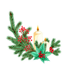 Fir branch with Christmas mistletoe, winter berries and burning candles. Hand drawn watercolor illustration on white background.