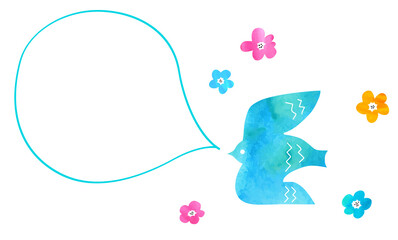 水彩テクスチャの鳥と吹き出しや花