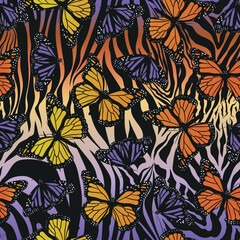 Seamless vector multicolor butterflies pattern. Butterfly on zebra print. Trendy animal motif wallpaper. Fashionable background for fabric, textile, design, banner, cover.