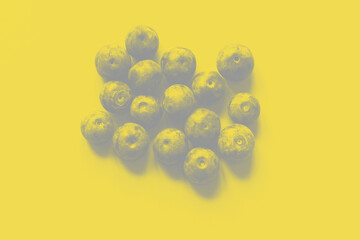 Trendy Illuminating and Ultimate Gray color of the year 2021. Wild blueberries in gray color on yellow background.