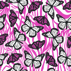 Obraz na płótnie Canvas Seamless vector multicolor butterflies pattern. Butterfly on zebra print. Trendy animal motif wallpaper. Fashionable background for fabric, textile, design, banner, cover.