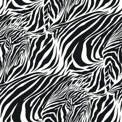 Seamless vector black and white zebra fur pattern. Stylish fashionable wild zebra print. Animal print background for fabric, textile, design, advertising banner.