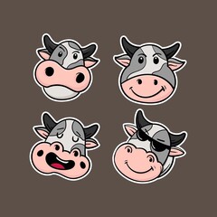 Set of Head Cow cartoon character with cute expression vector illustration