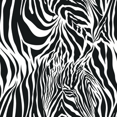 Seamless vector black and white zebra fur pattern. Stylish fashionable wild zebra print. Animal print background for fabric, textile, design, advertising banner.
