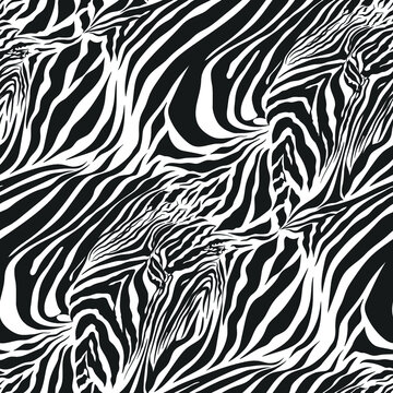 Seamless vector black and white zebra fur pattern. Stylish fashionable wild zebra print. Animal print background for fabric, textile, design, advertising banner.