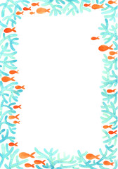 Fototapeta na wymiar Blue coral reef and orange color fish in the sea watercolor hand painting for decoration on summer holiday and ocean travel theme concept.