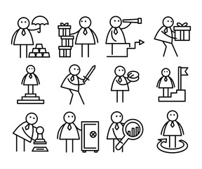 business people in various activities;  businessman holding umbrella, magnifier, binocular, sword and gift box