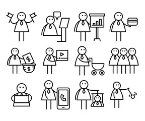 business people in various activities;  businessman holding flag, credit card, trolley, working on laptop, presenting with chart